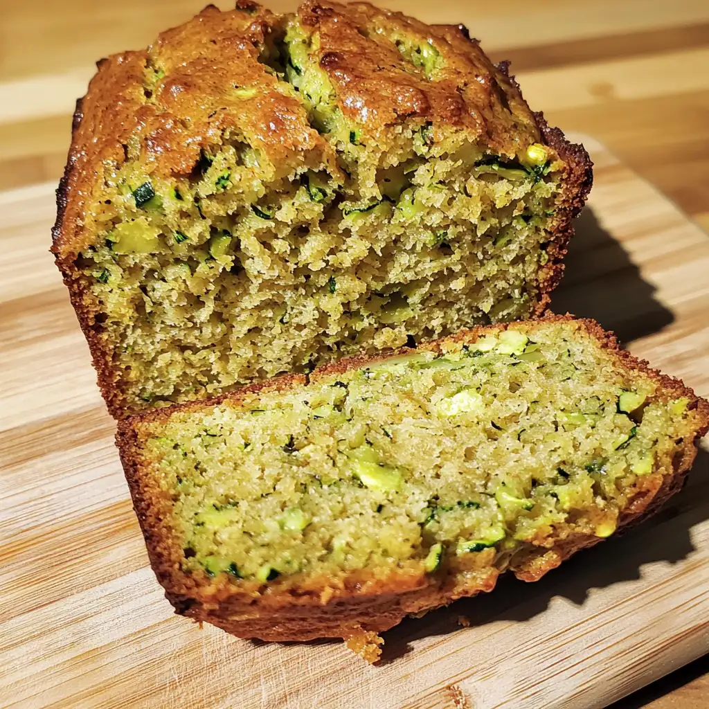 Moist high protein zucchini bread with Greek yogurt sliced on a board