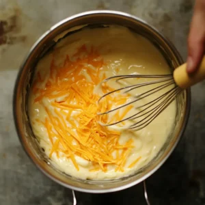 Cheddar being added gradually to warm milk for high protein mac and cheese no cottage cheese.