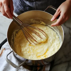 Greek yogurt being stirred into cheese sauce over low heat for high protein mac and cheese no cottage cheese.