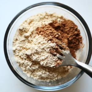 Protein powder, oat flour, and spices in a bowl for banana bread high protein low calorie