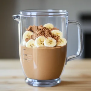 Blending choclate peanut butter protein powder smoothie until creamy