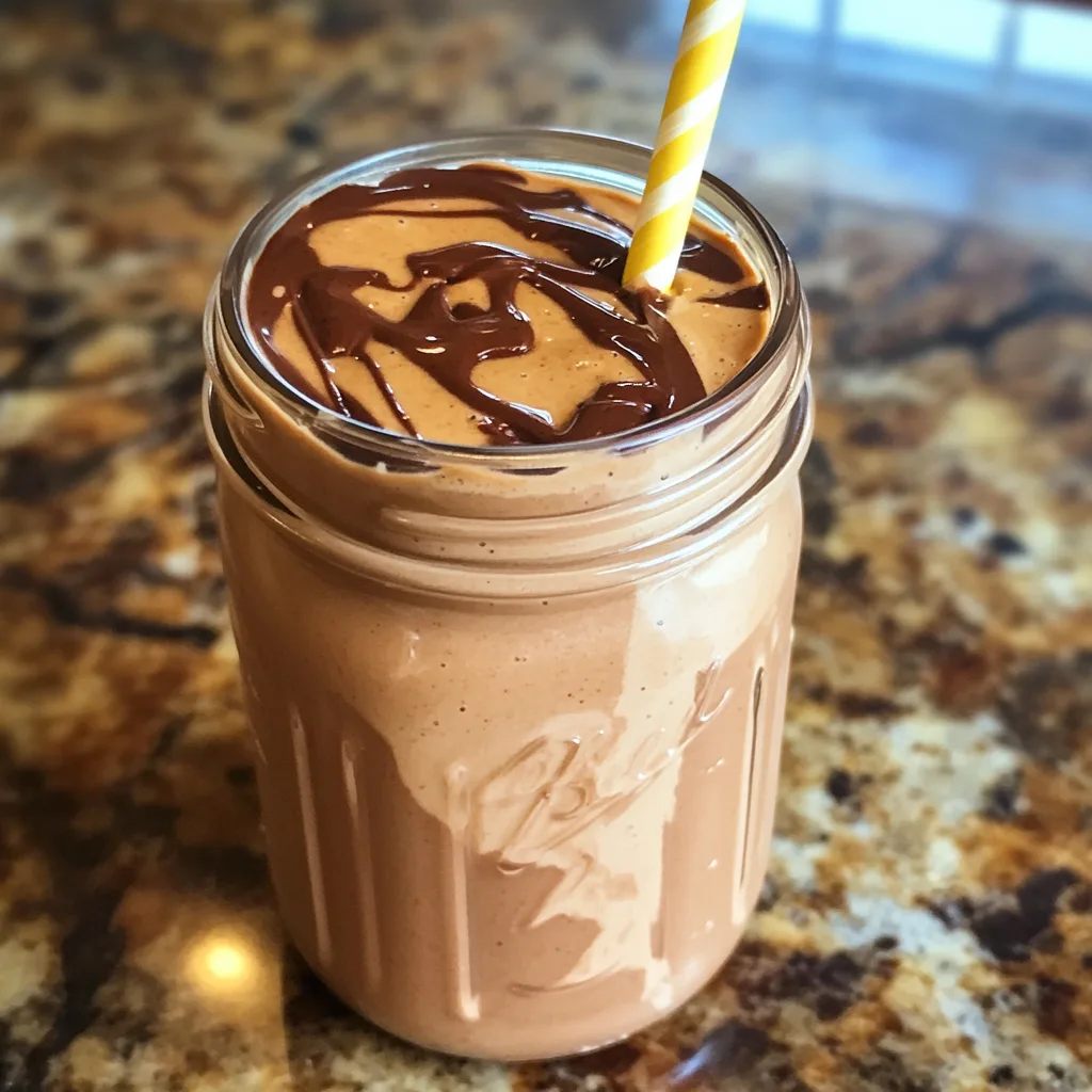 Creamy choclate peanut butter protein powder smoothie in a glass