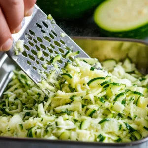 Grating and lightly squeezing zucchini to remove moisture for High Protein Zucchini Bread with Greek Yogurt.