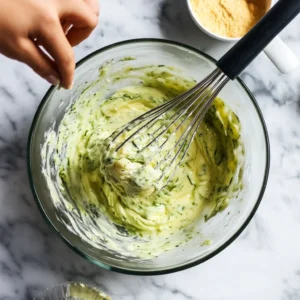 Folding grated zucchini into wet mixture for High Protein Zucchini Bread with Greek Yogurt.