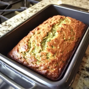 Zucchini bread baking in oven until a toothpick comes out with moist crumbs.