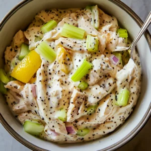 Covered bowl of chicken salad resting in the fridge for high protein chicken salad recipe